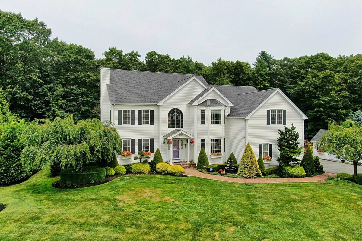 Aerial (drone) image of a 2-story colonial style home in West Bridgewater, MA.