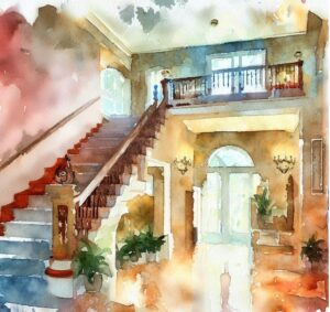 watercolor image created by ai showing a staged foyer in a home depicting what home buyers and sellers should know about home inspections