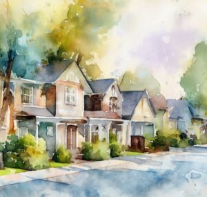 watercolor image created by ai showing townhomes and what Fair Housing and Equal Opportunity Housing are