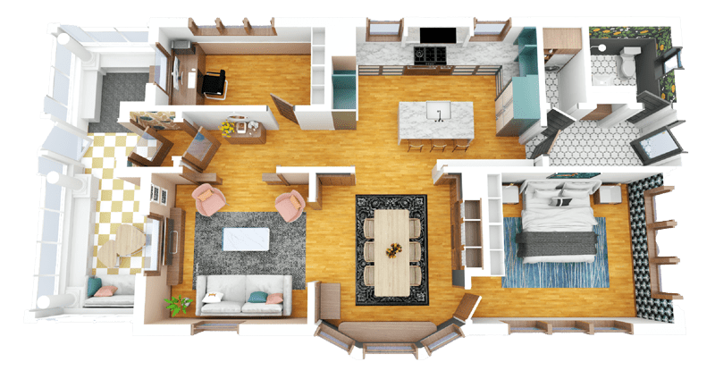 full color 3d-floorplan with fixtures and furniture