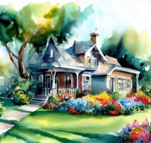 watercolor image created by ai showing the front of a house with colorful flowers - why you need a compelling description of a house that's for sale