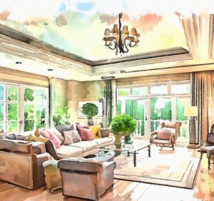 watercolor painting created by ai showing a staged luxury living room