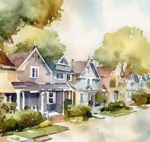 watercolor image created by ai showing townhouses asking if you are thinking of selling your house soon?