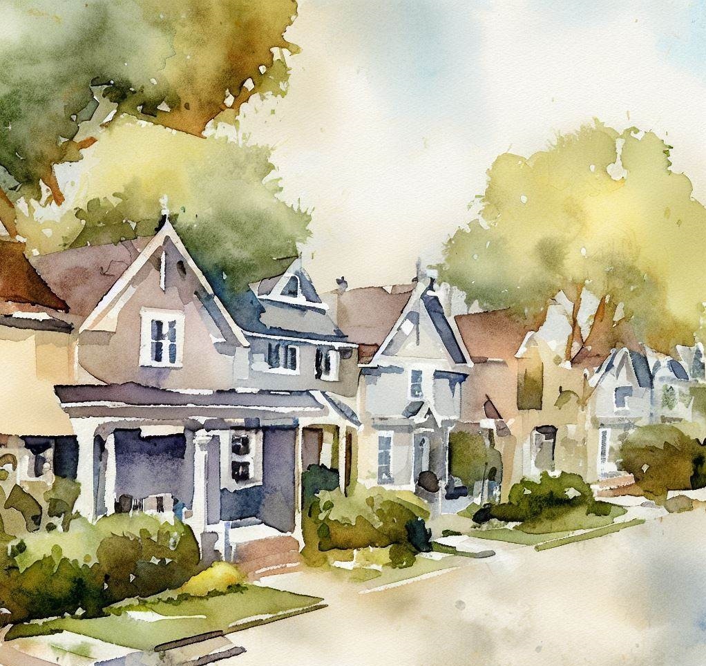 A watercolor image of rowhomes asking if you are thinking of selling your house soon