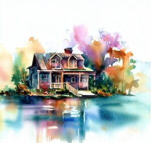 watercolor image created by ai showing the front of a house with trees - showing how to find out what your home is worth in today's real estate market