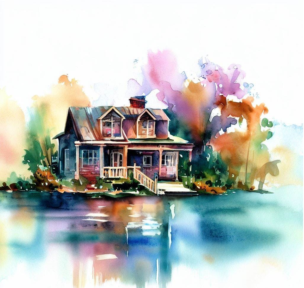 Watercolor image of a house on a lake depicting how to find out what your home is worth in today's real estate market