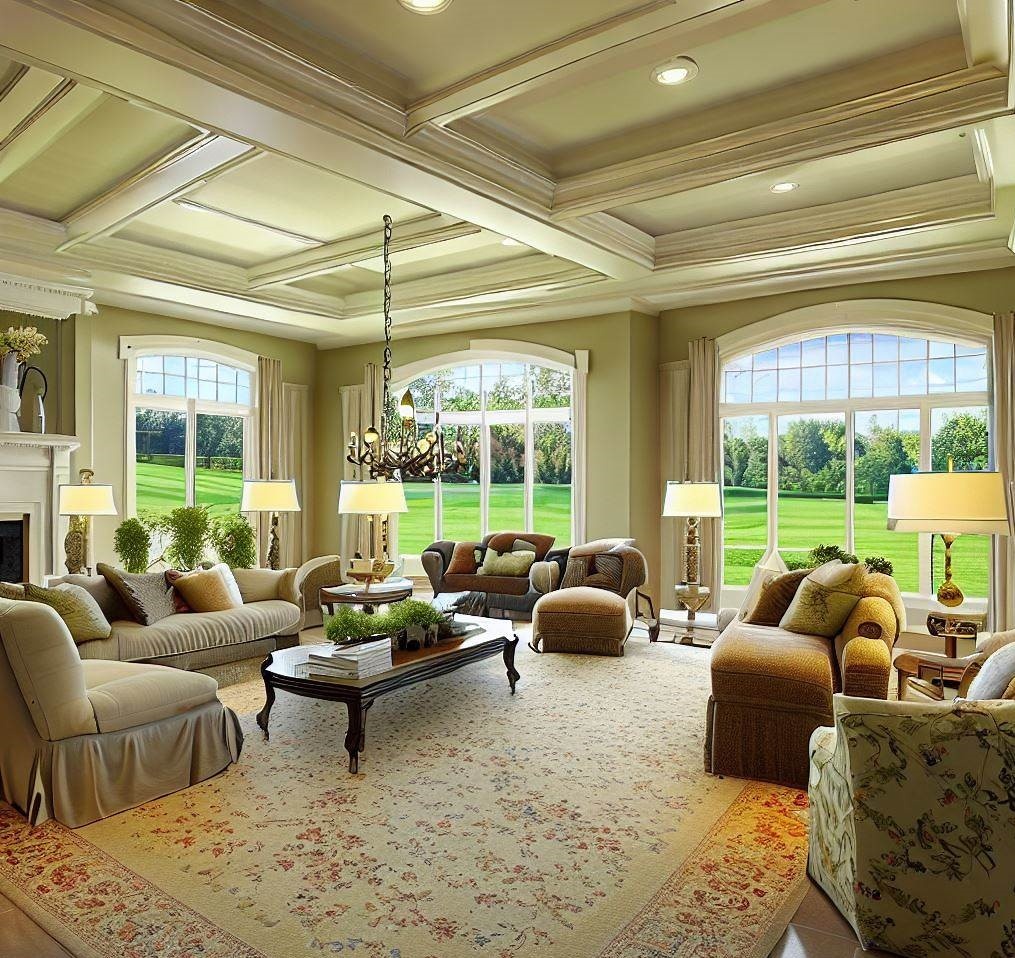 A staged upscale formal living room with a tray ceiling and large windows overlooking a plush green lawn and shade trees depicting the steps to selling your home