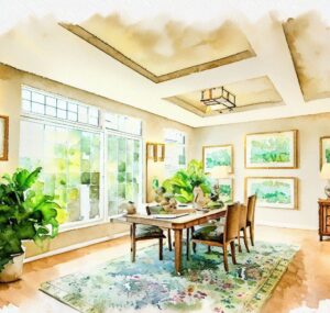 watercolor image created by ai showing a staged dining room depicting the 6 tips to prepare your home for an open house