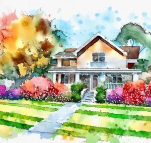 watercolor image created by ai showing the front of a house with colorful flowers - what “Coming Soon” means when selling a house in Massachusetts