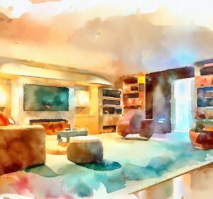 watercolor image created by ai showing a staged family room depicting the 7 things buyers are looking for in their next home